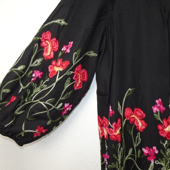 Calessa Embroidered Tunic Top Women's Size M Black Baby Doll Flowy Lined Boho - Picture 4 of 11